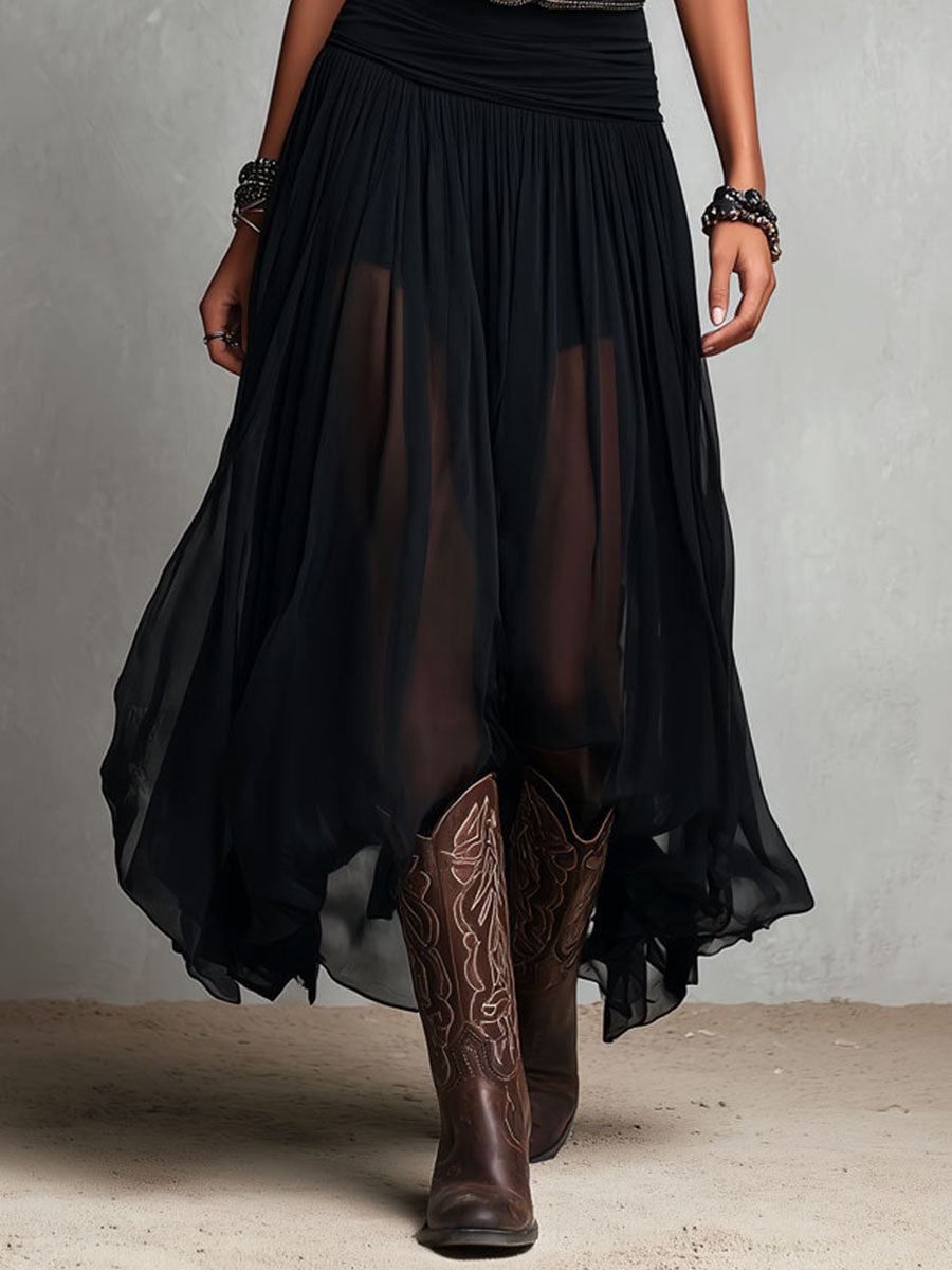 Rebeca - Vestido Maxi Elástico Negro Boho Occidental con Falda Transparente
