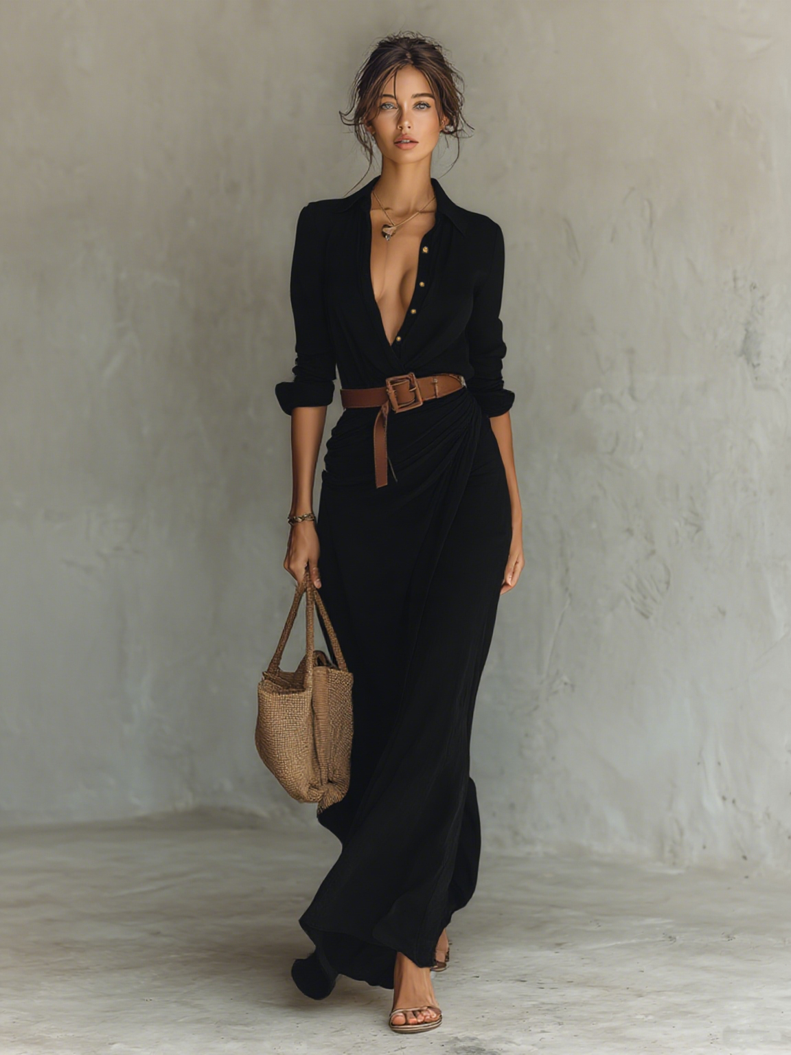 Carol - Vestido Largo Maxi con Cuello Revers y Mangas Largas para Mujeres: Elegancia Infinita