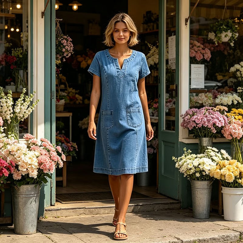Maria - Vestido informal, estilo camisero, con bolsillo y escote en V pequeño