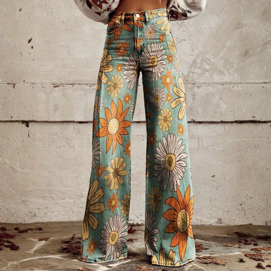 Pantalon Vaquero Anchos Estampado Floral Cintura Media
