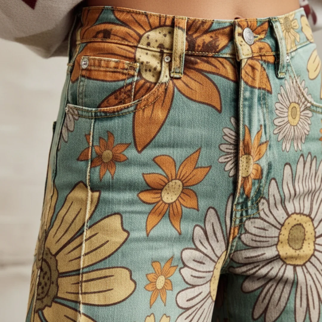 Pantalon Vaquero Anchos Estampado Floral Cintura Media