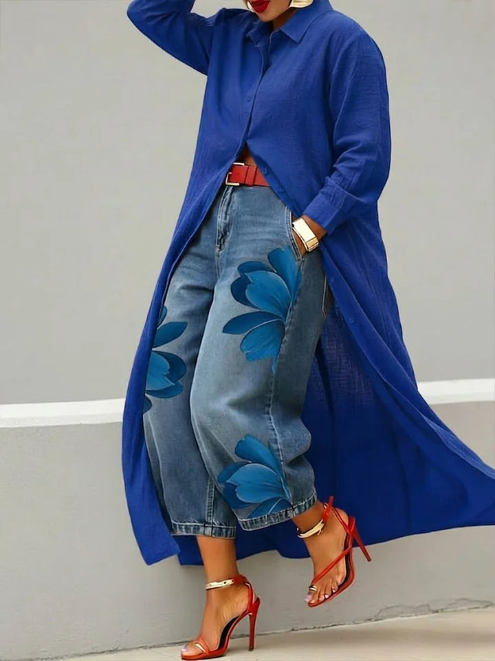 Maria - Conjunto Floral: Blusa larga y Jeans a juego d