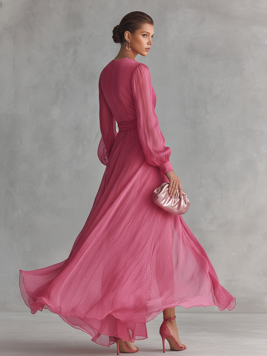 Perla - Vestido Largo de Mujer Elegante en Chiffon Rosa Perla con Escote en V y Cinturón a la Cintura
