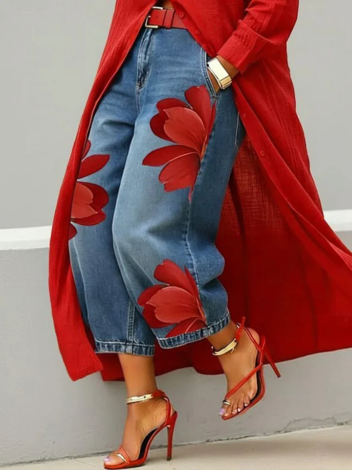 Maria - Conjunto Floral: Blusa larga y Jeans a juego d