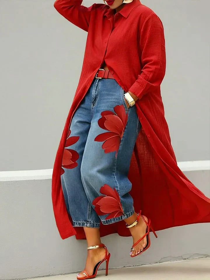 Maria - Conjunto Floral: Blusa larga y Jeans a juego d