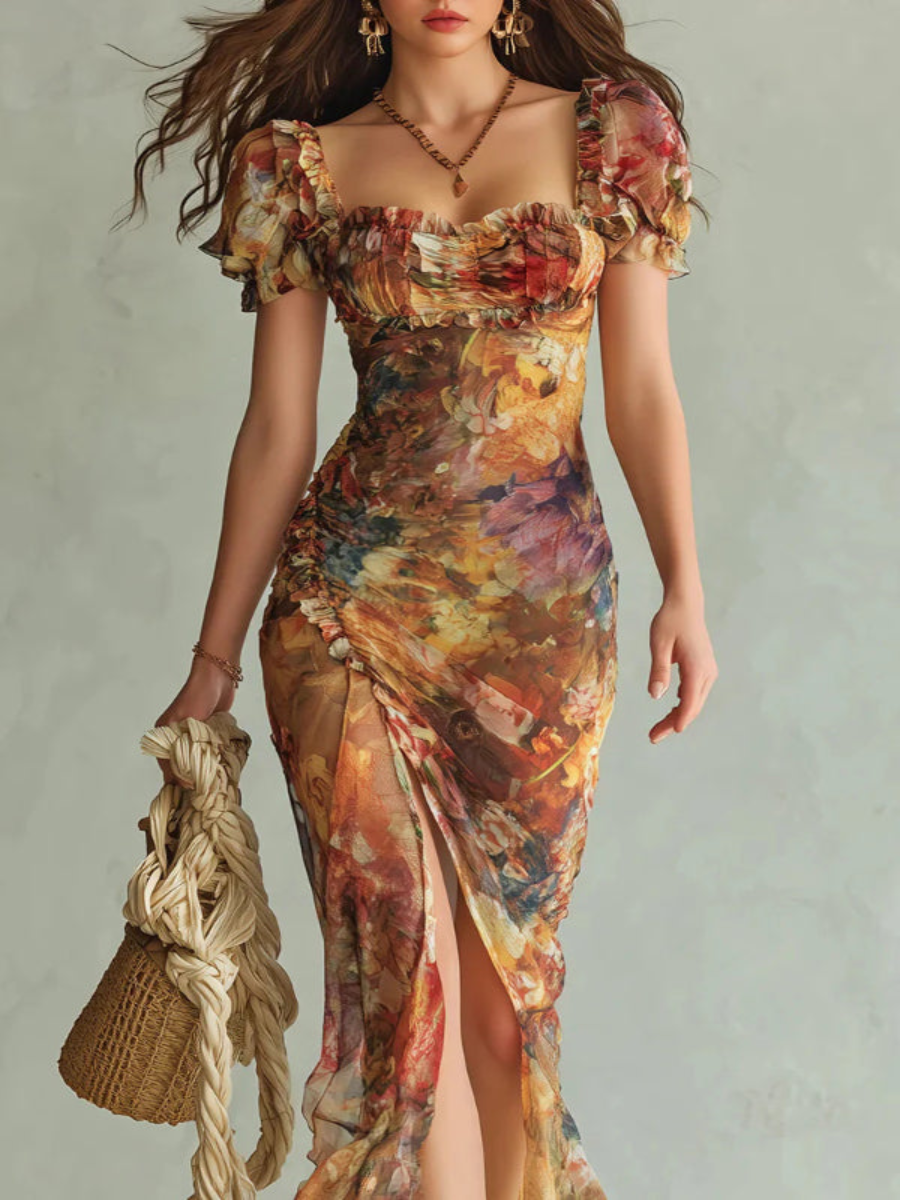 Lorena - Vestido Maxi Elegante Floral con Escote Cuadrado y Mangas Cortas