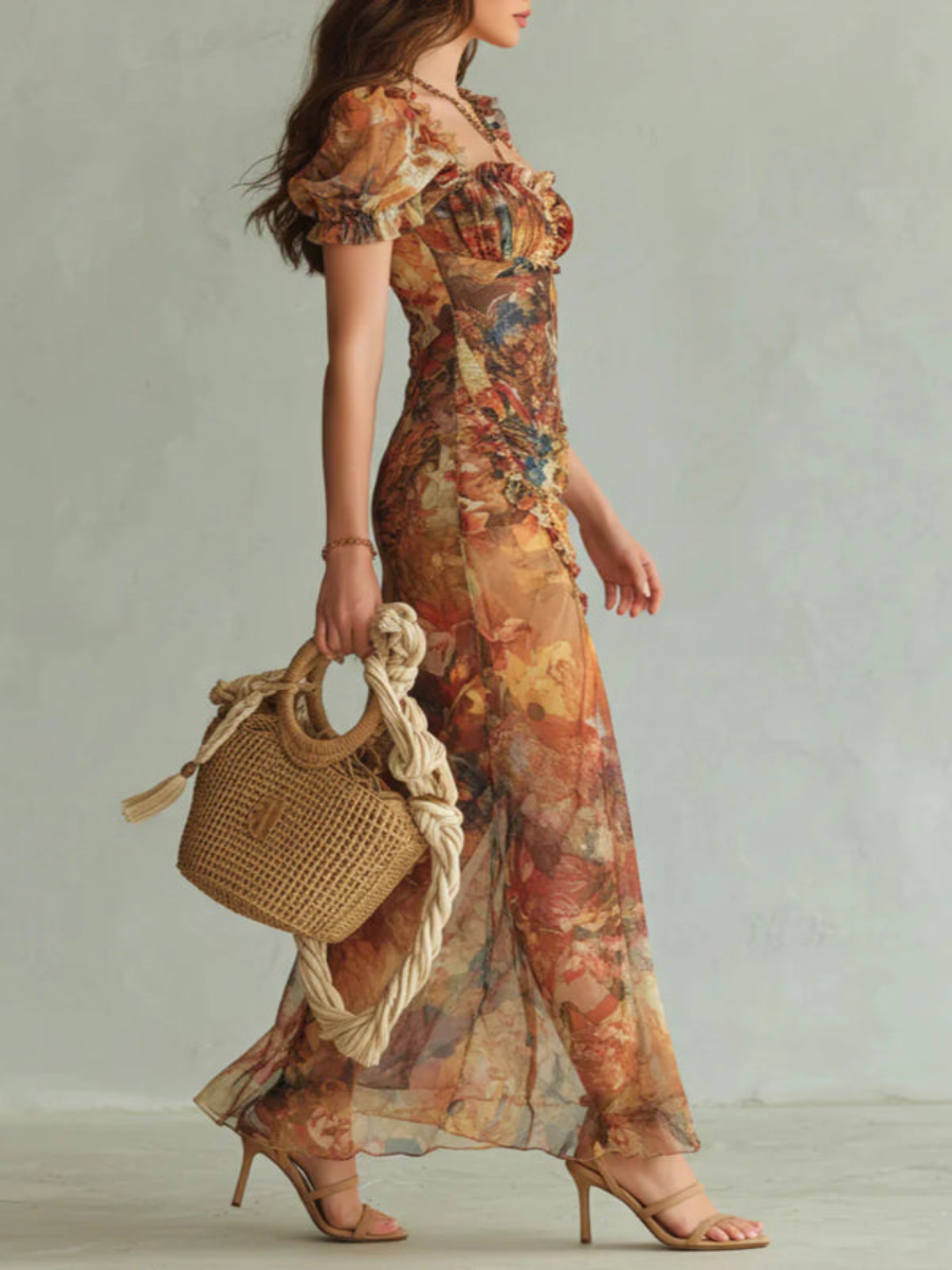 Lorena - Vestido Maxi Elegante Floral con Escote Cuadrado y Mangas Cortas