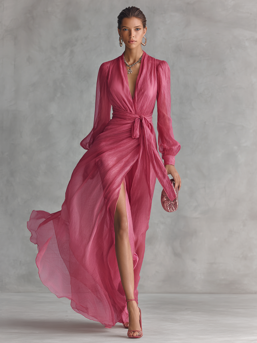 Perla - Vestido Largo de Mujer Elegante en Chiffon Rosa Perla con Escote en V y Cinturón a la Cintura