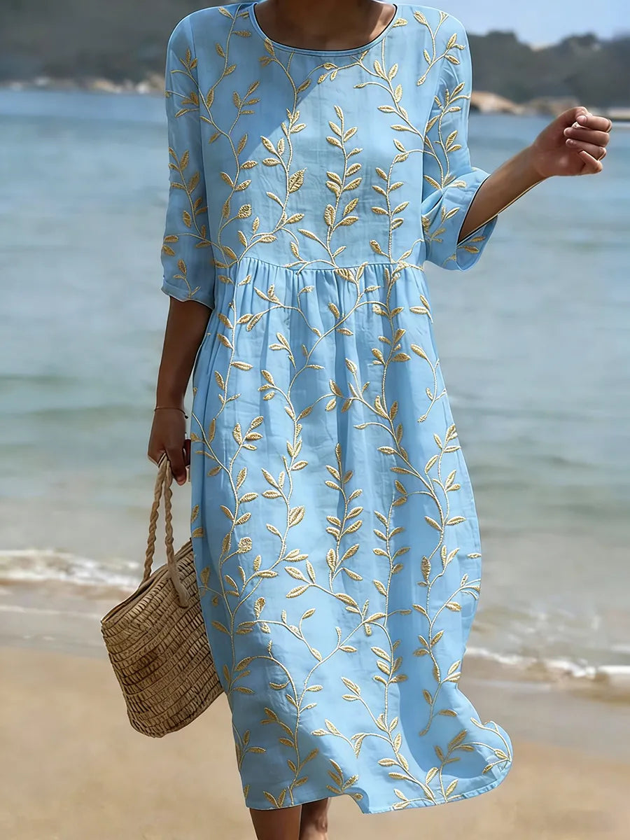 Natalia - Flores Primaverales: Vestido Midi con Escote Redondo 