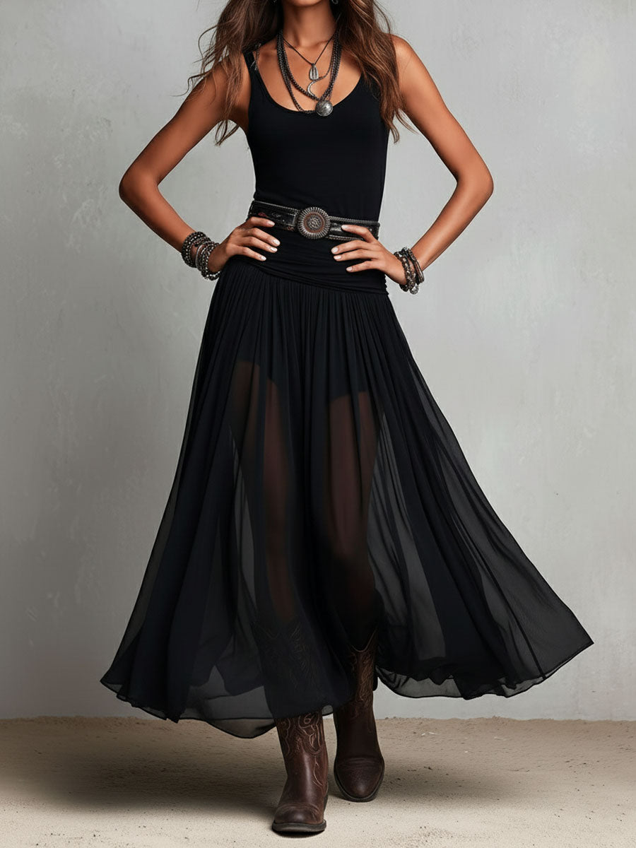 Rebeca - Vestido Maxi Elástico Negro Boho Occidental con Falda Transparente