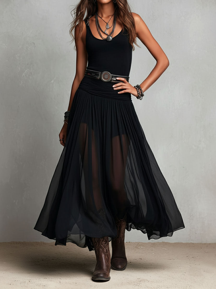 Rebeca - Vestido Maxi Elástico Negro Boho Occidental con Falda Transparente