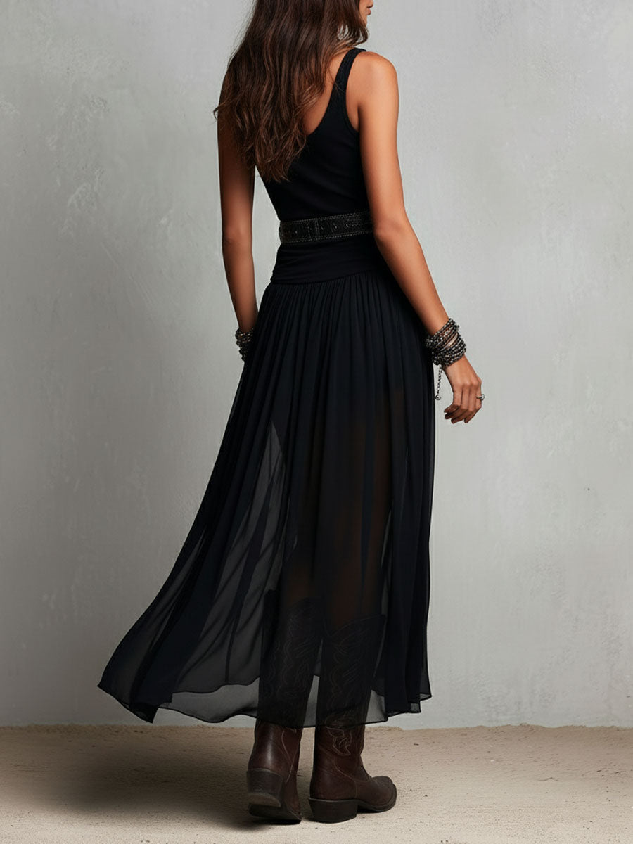 Rebeca - Vestido Maxi Elástico Negro Boho Occidental con Falda Transparente