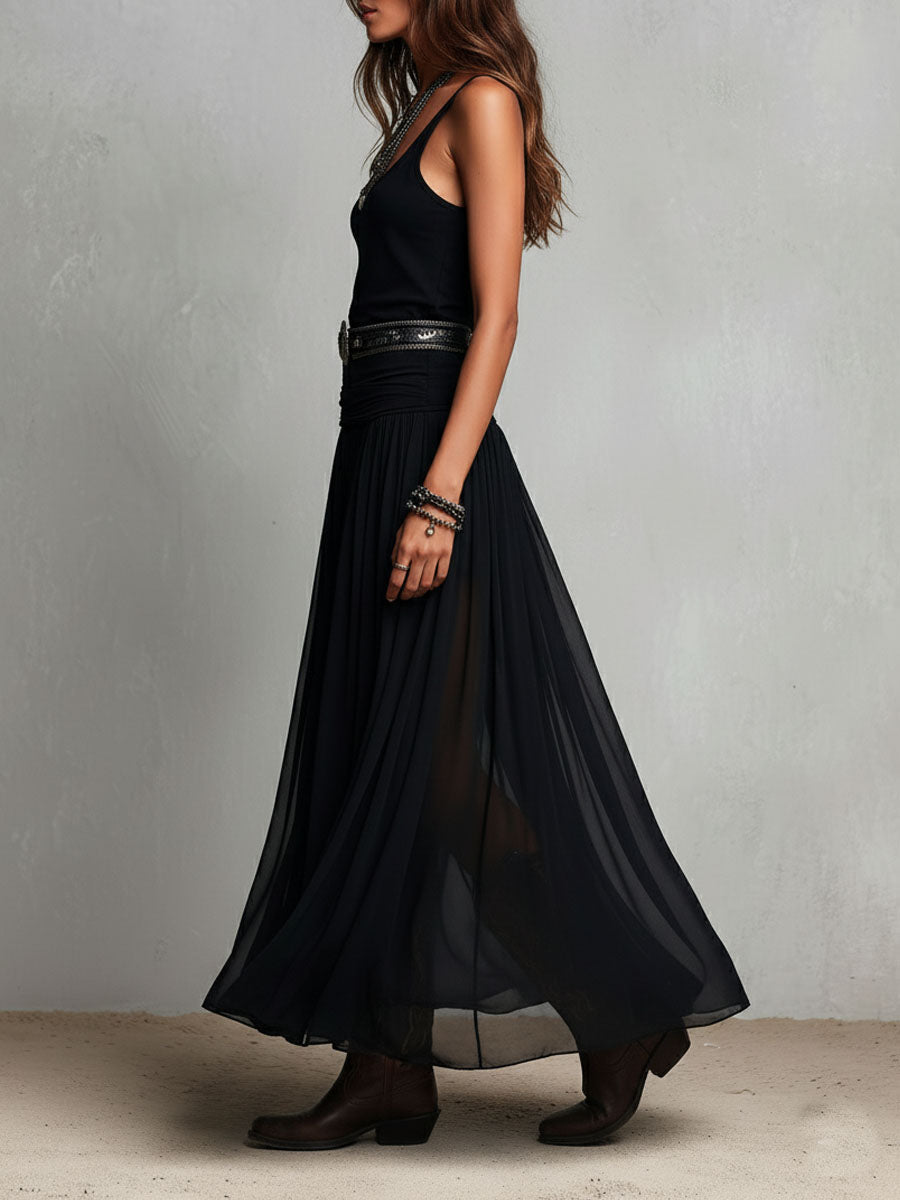Rebeca - Vestido Maxi Elástico Negro Boho Occidental con Falda Transparente