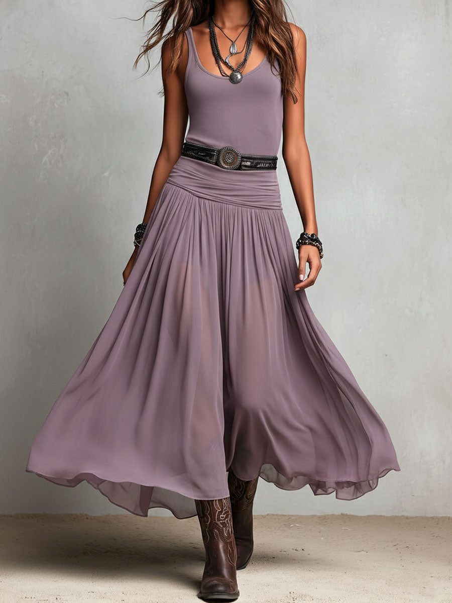 Rebeca - Vestido Maxi Elástico Negro Boho Occidental con Falda Transparente