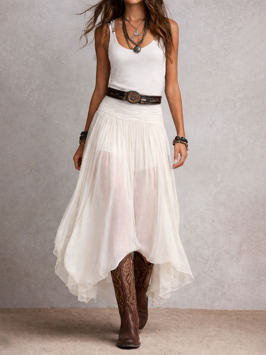 Rebeca - Vestido Maxi Elástico Negro Boho Occidental con Falda Transparente
