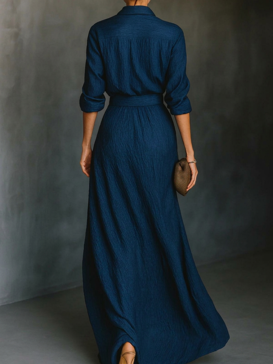 Desire - Conjunto Elegante de Camisa de Manga Larga y Falda Plisada Maxi en Color Sólido