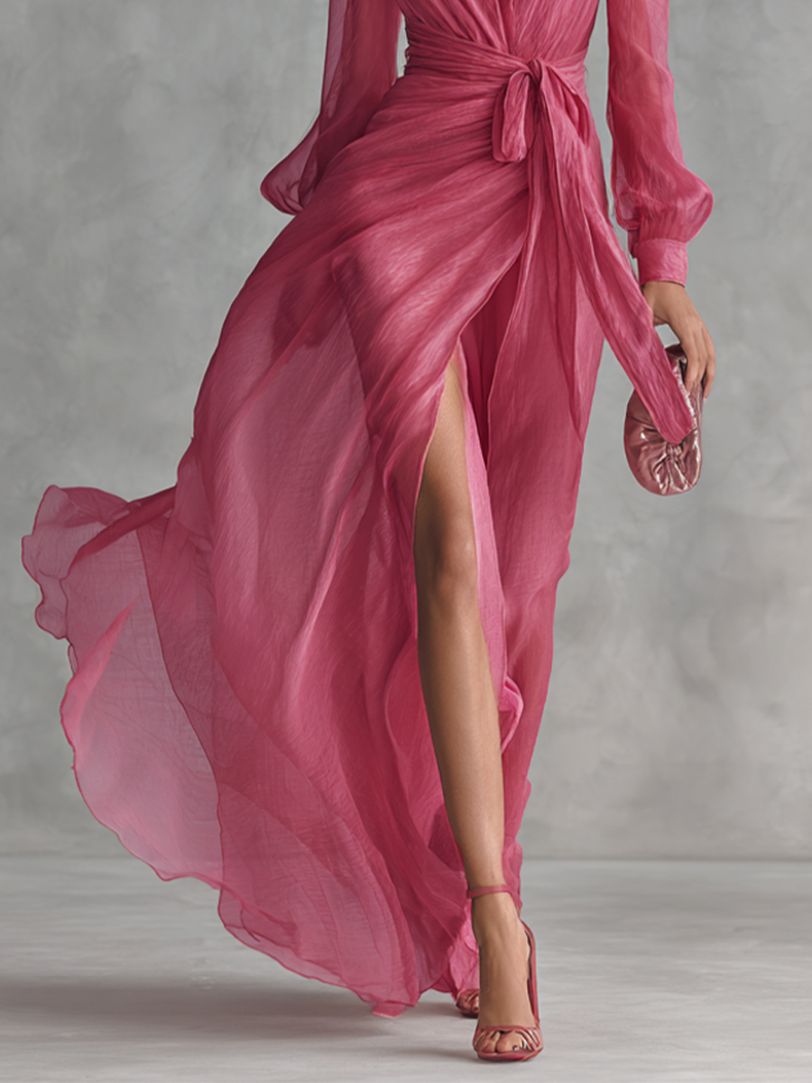 Perla - Vestido Largo de Mujer Elegante en Chiffon Rosa Perla con Escote en V y Cinturón a la Cintura
