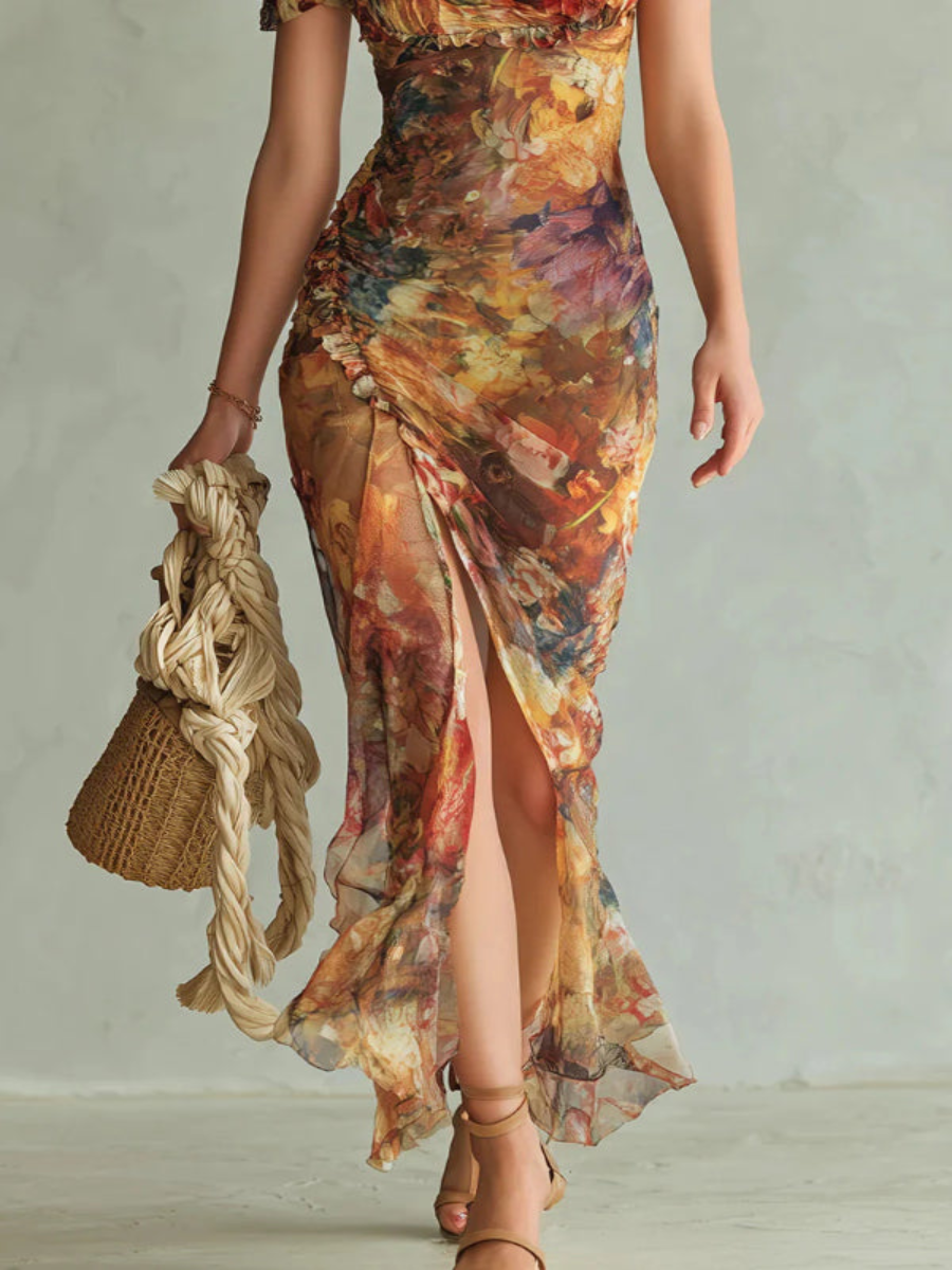 Lorena - Vestido Maxi Elegante Floral con Escote Cuadrado y Mangas Cortas