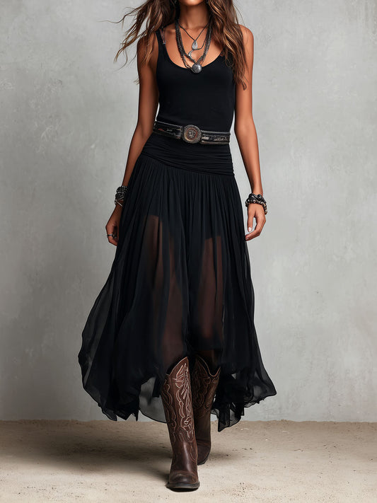 Rebeca - Vestido Maxi Elástico Negro Boho Occidental con Falda Transparente
