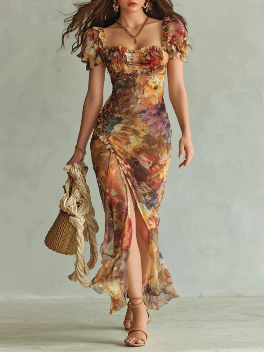 Lorena - Vestido Maxi Elegante Floral con Escote Cuadrado y Mangas Cortas