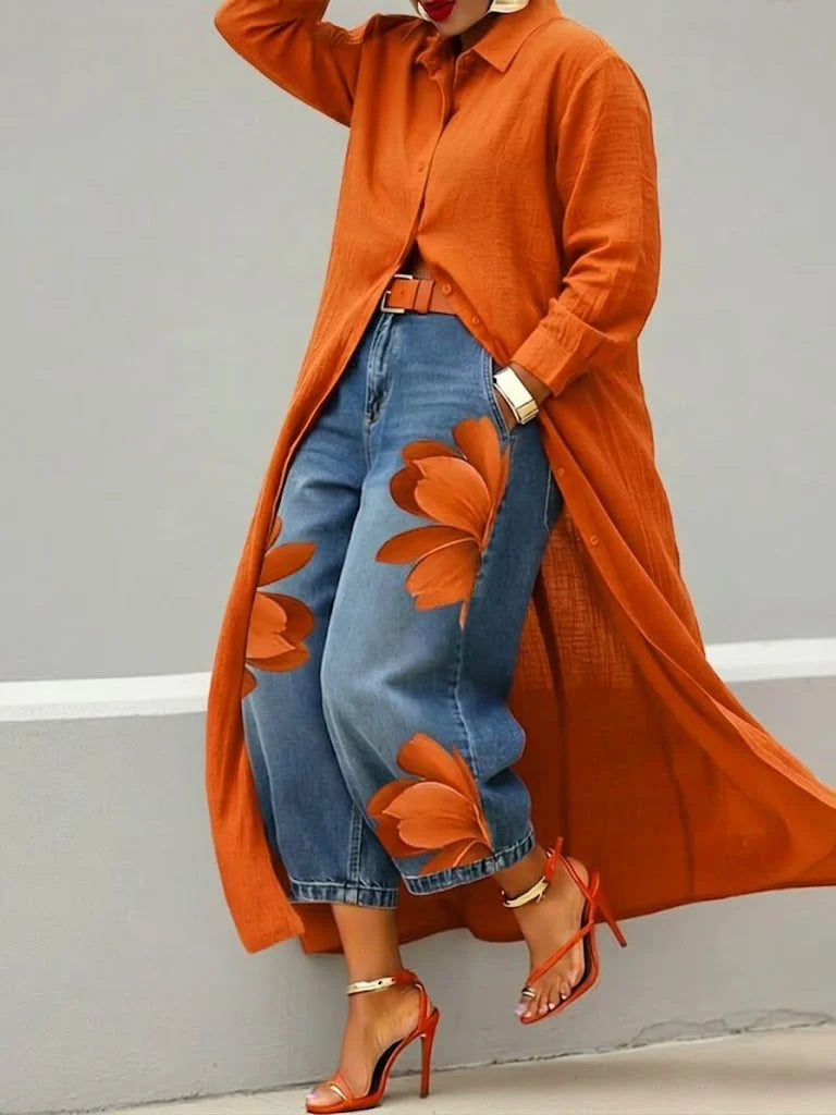 Maria - Conjunto Floral: Blusa larga y Jeans a juego d