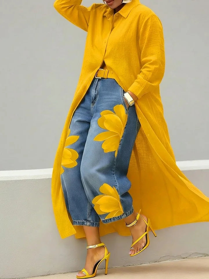 Maria - Conjunto Floral: Blusa larga y Jeans a juego d