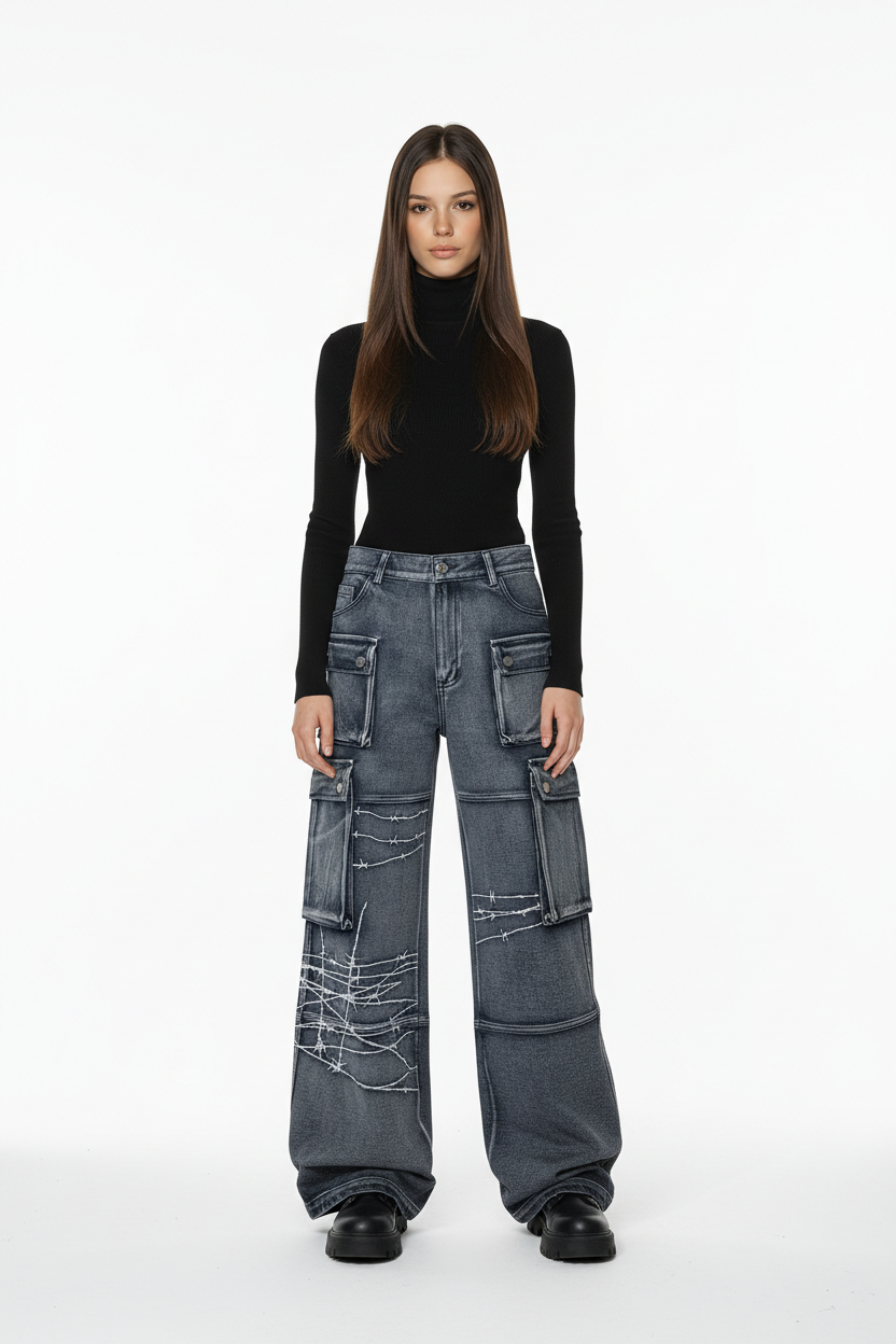Pantalón Cargo Denim Negro Wide Fit