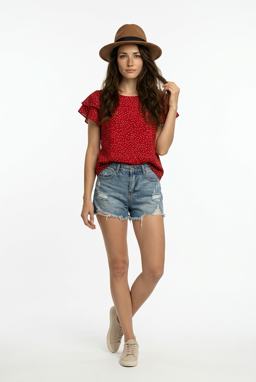 Camiseta de manga corta con estampado digital de puntos y hojas de loto rojo