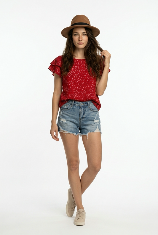 Camiseta de manga corta con estampado digital de puntos y hojas de loto rojo