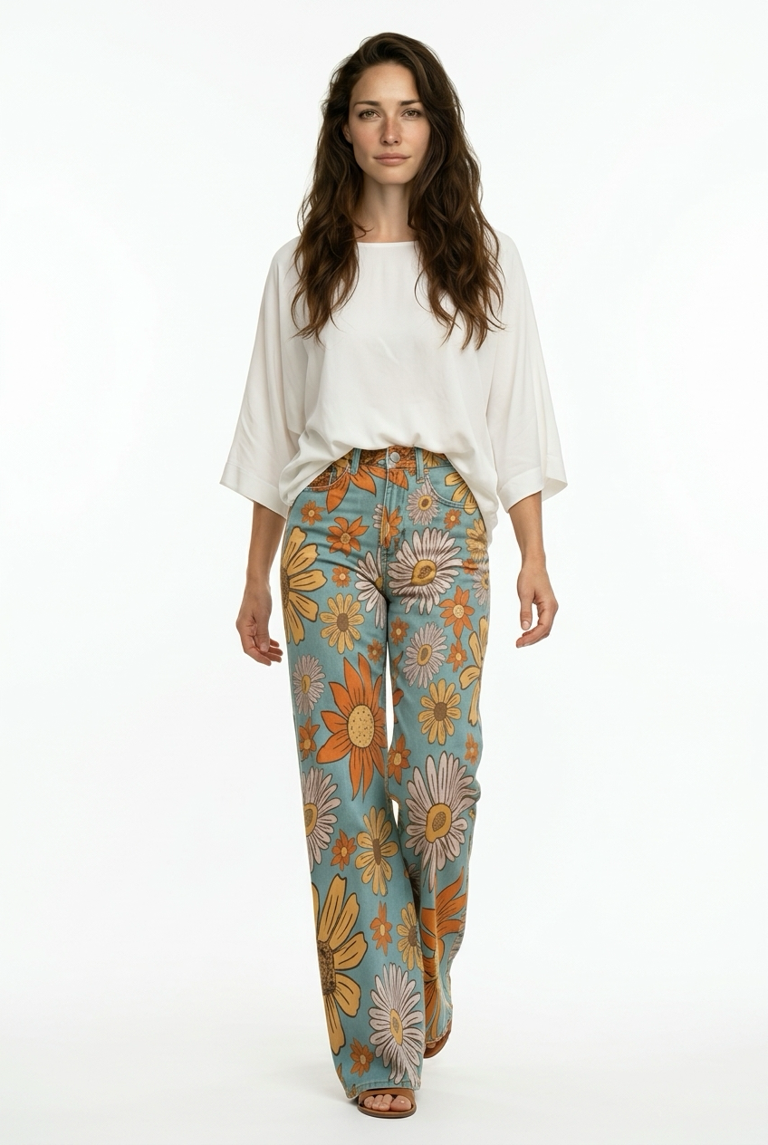 Pantalon Vaquero Anchos Estampado Floral Cintura Media