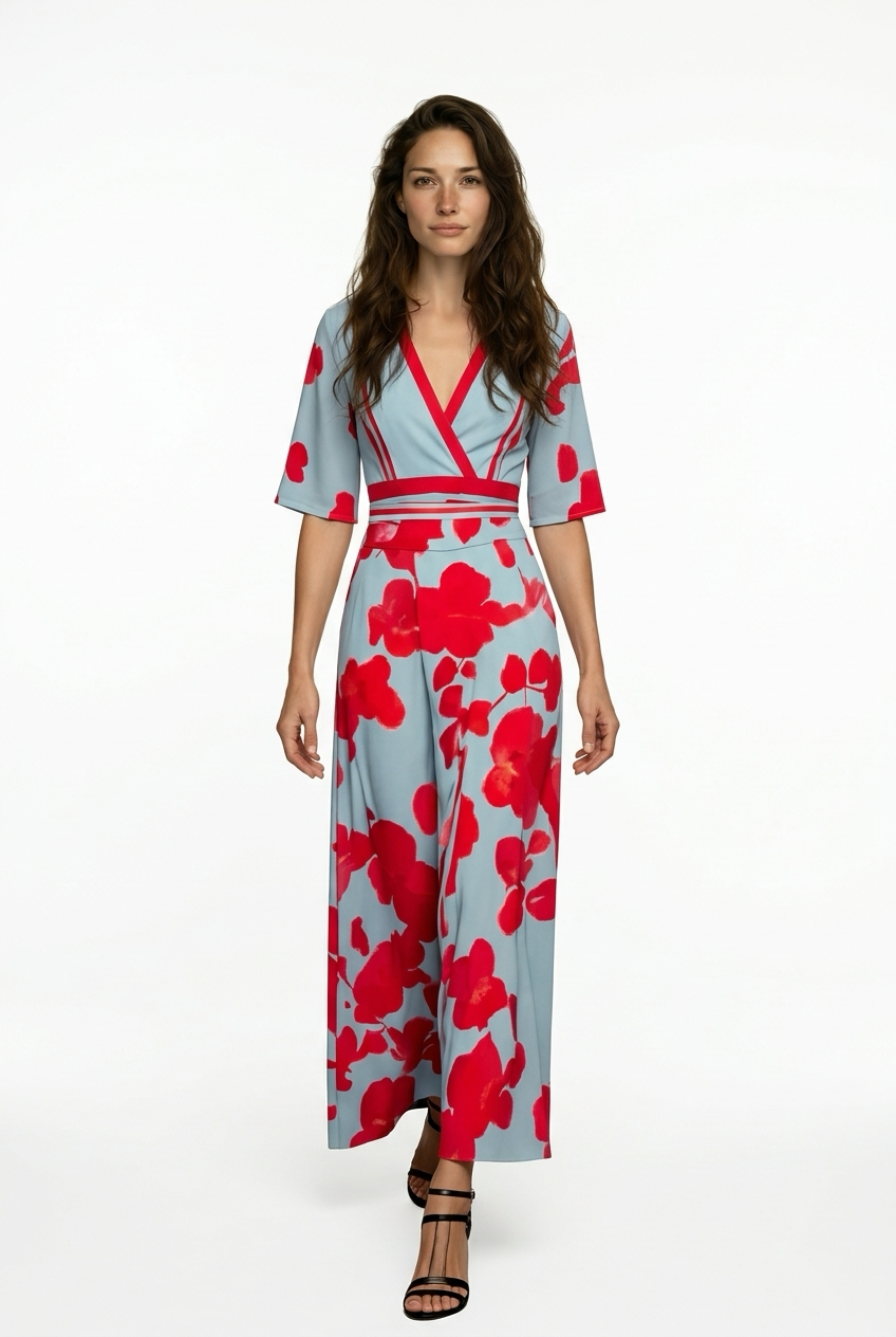 Vestido estampado largo de mujer con escote en V cruzado