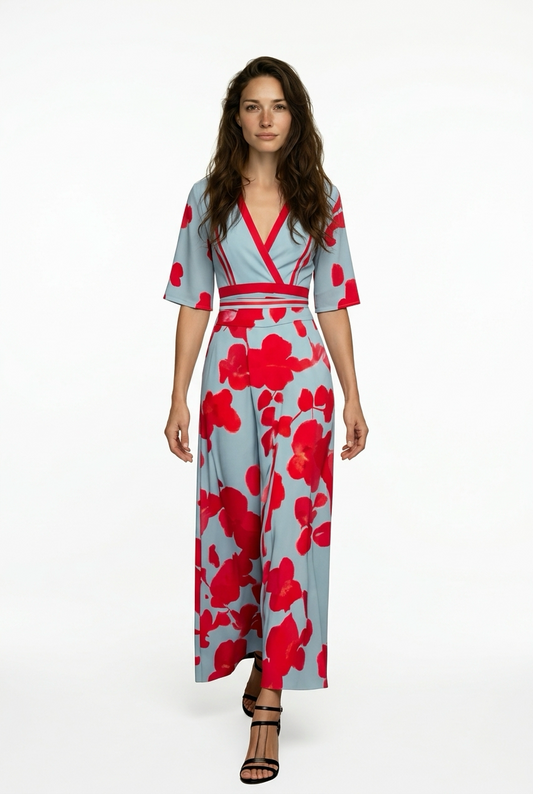 Vestido estampado largo de mujer con escote en V cruzado