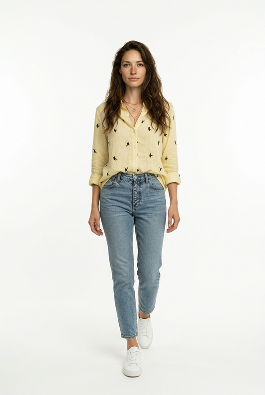 Camisa de Lino Mujer | Estampado de Pássaros