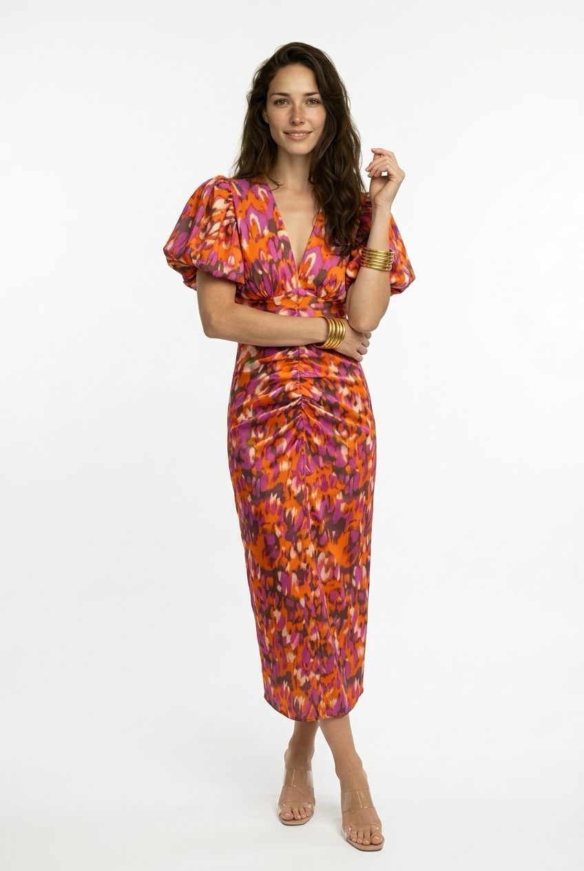 Vestido Midi Estampado Mujer Escote en V Manga Abullonada Drapeado