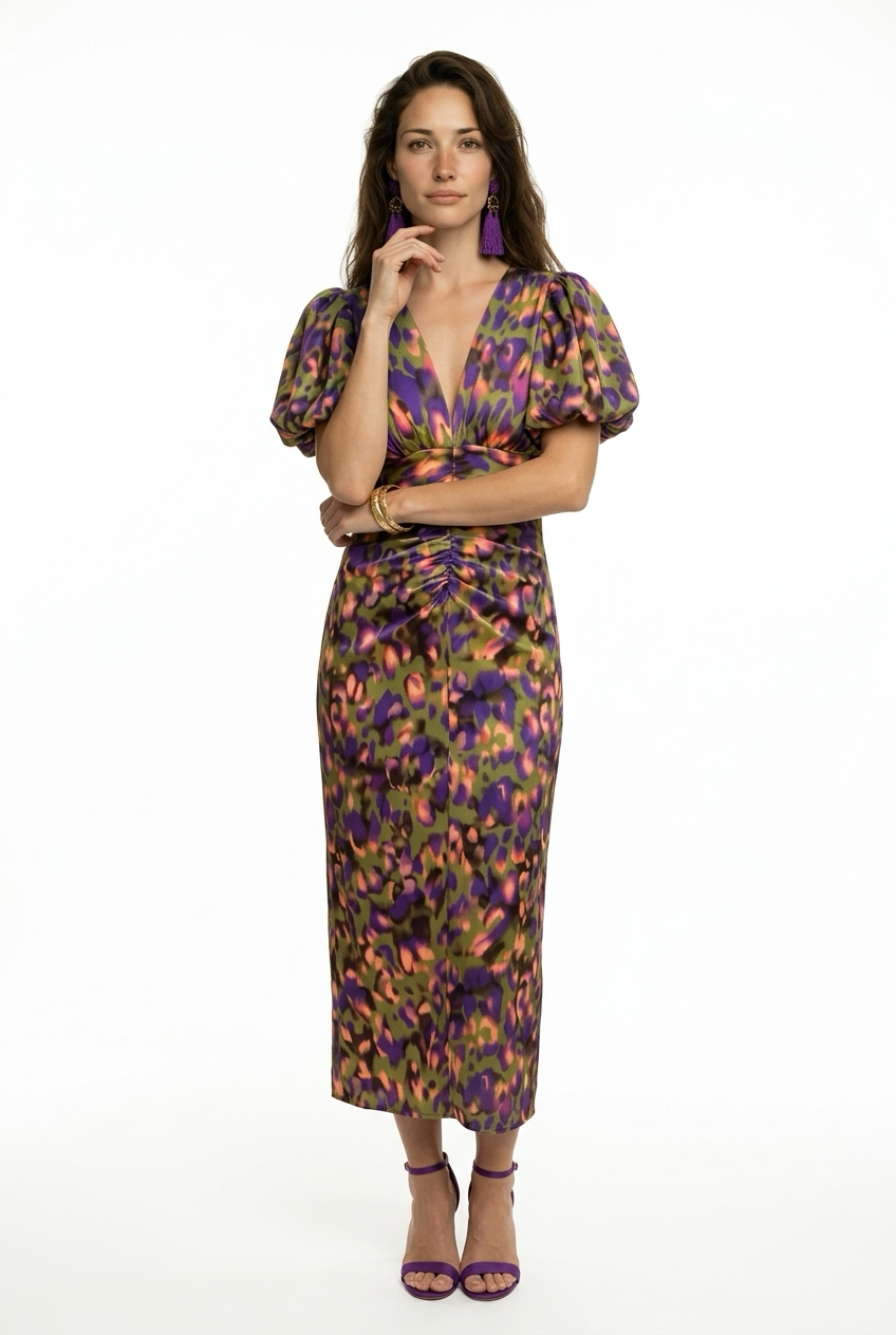 Vestido Midi Estampado Mujer Escote en V Manga Abullonada Drapeado