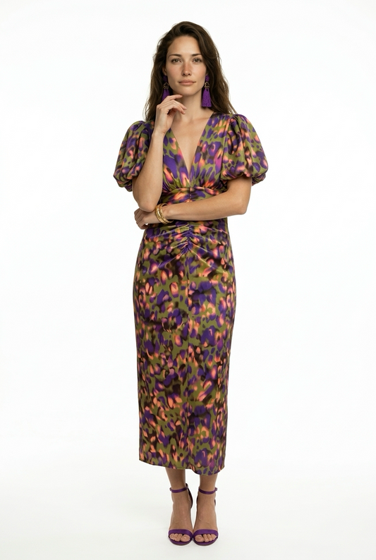 Vestido Midi Estampado Mujer Escote en V Manga Abullonada Drapeado