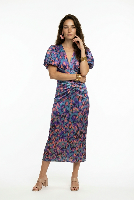 Vestido Midi Estampado Mujer Escote en V Manga Abullonada Drapeado