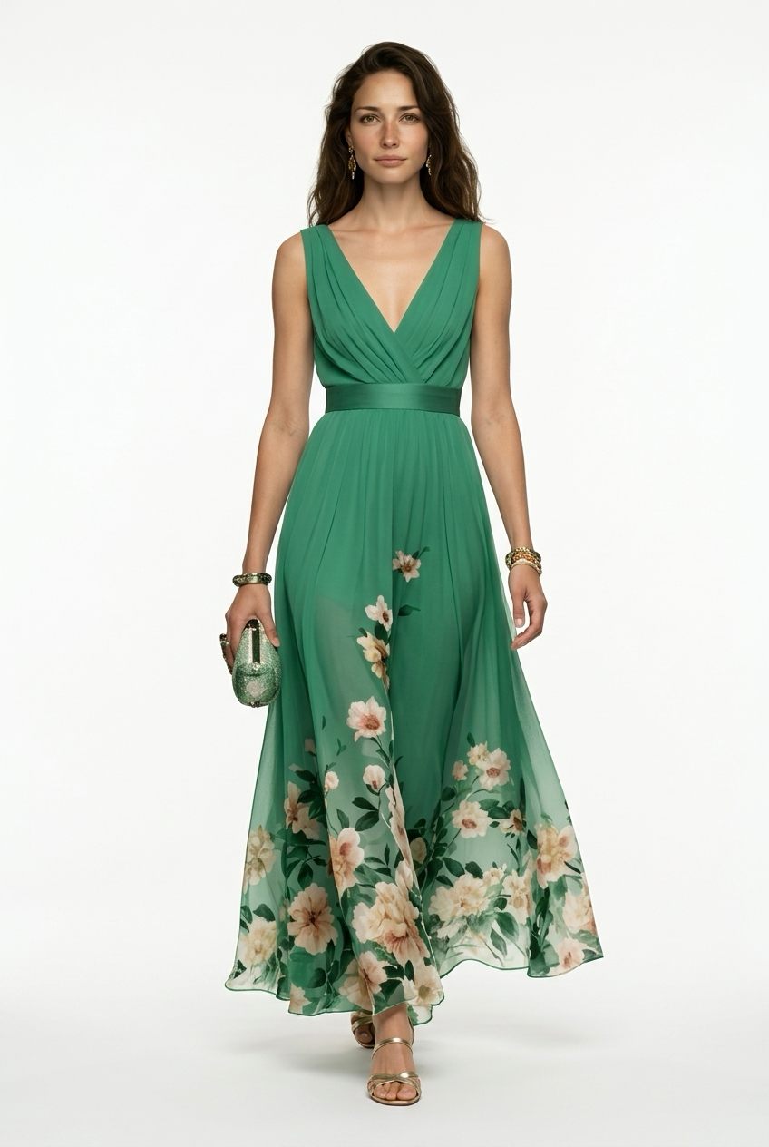 Vestido Largo Invitada de Boda | Con Estampado Floral y Decote en V