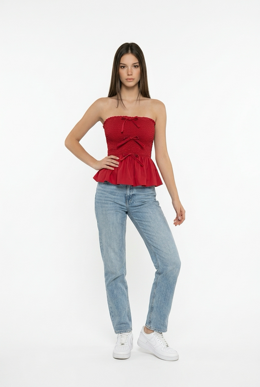 Top Bandeau Mujer con Volante y Lazos Decorativos