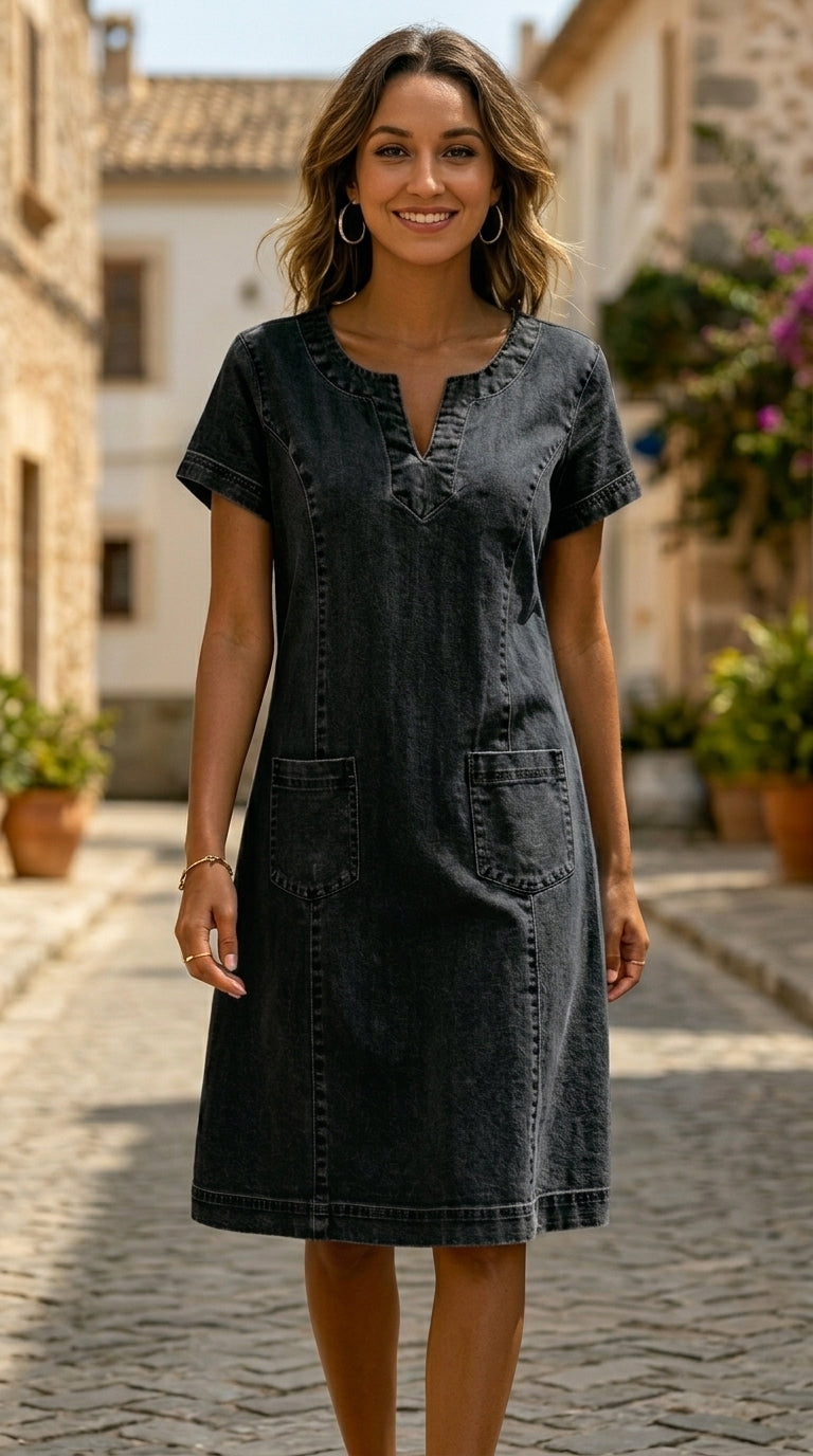 Maria - Vestido informal, estilo camisero, con bolsillo y escote en V pequeño