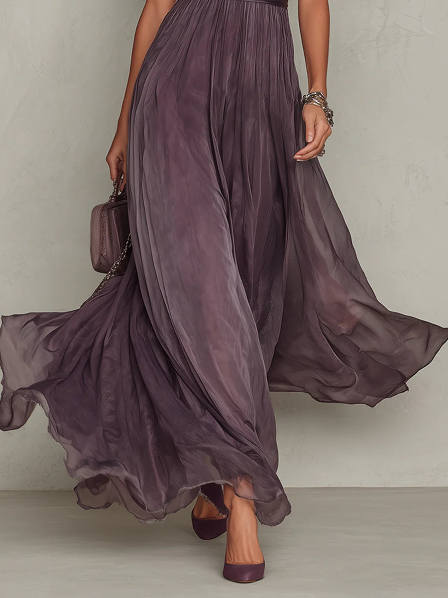 Flavia - Elegante Vestido Largo Morado con Escote en Gota y Borde de Encaje de Chifón