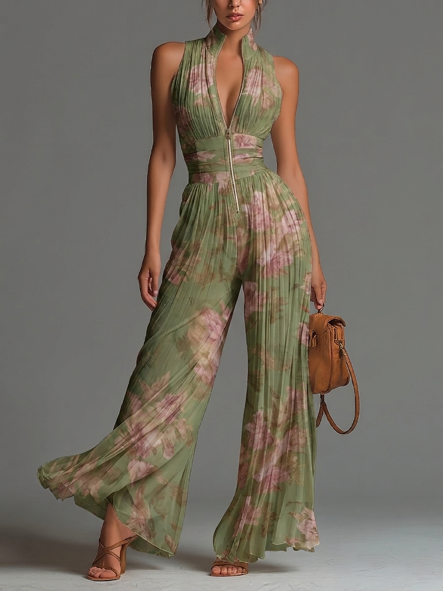 Alma - Mono de Chifón Floral Verde con Escote en V, Sin Mangas y Cierre de Cremallera - Elegante y Alegre