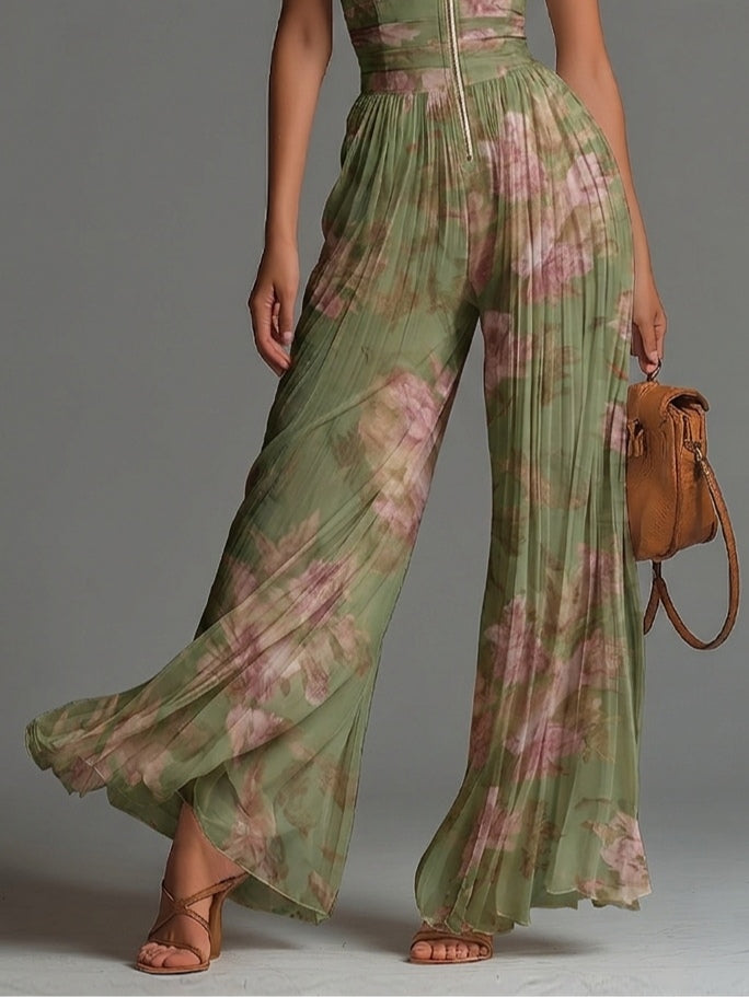Alma - Mono de Chifón Floral Verde con Escote en V, Sin Mangas y Cierre de Cremallera - Elegante y Alegre