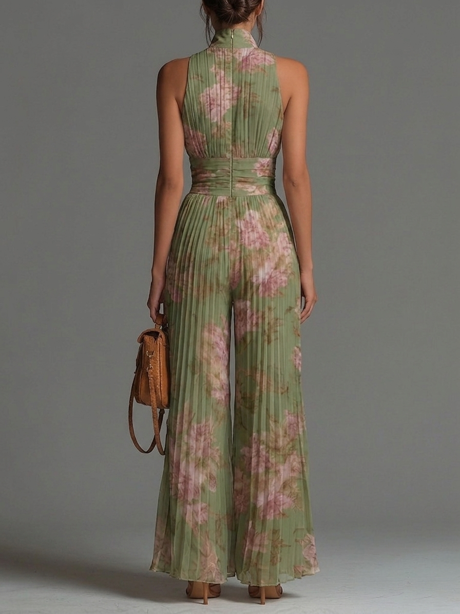Alma - Mono de Chifón Floral Verde con Escote en V, Sin Mangas y Cierre de Cremallera - Elegante y Alegre