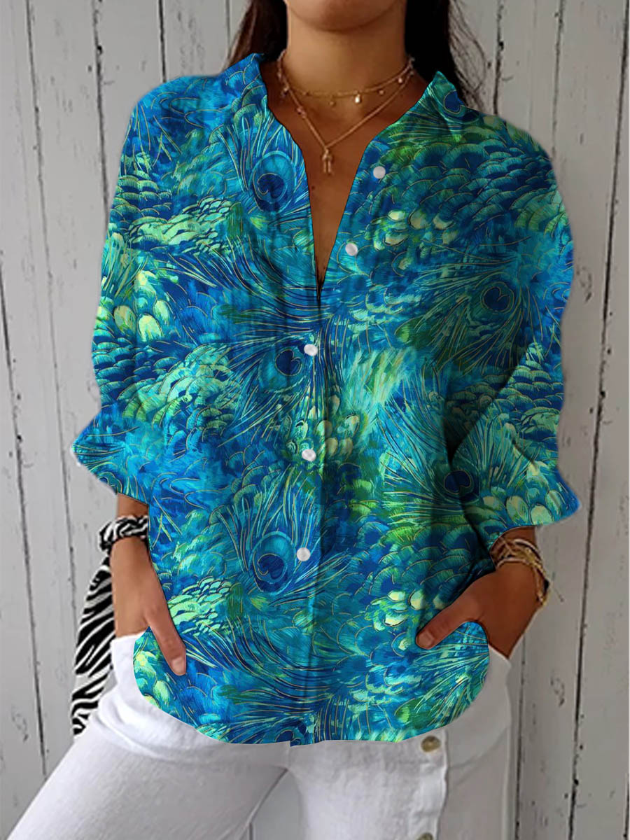 ABRIL - BLUSA AZUL CON ESTAMPADO NATURAL