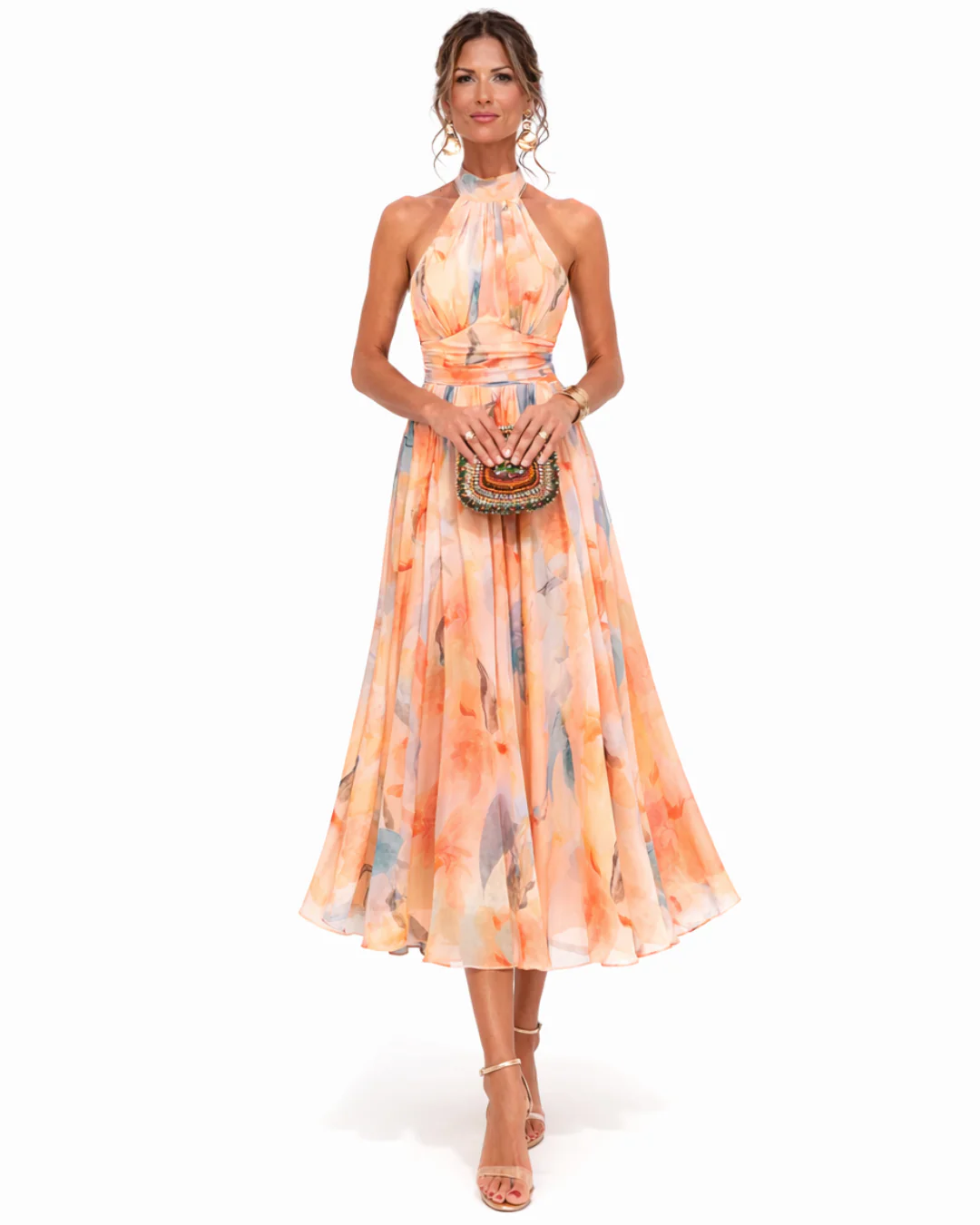 Aurora – Vestido con escote halter y estampado de acuarela