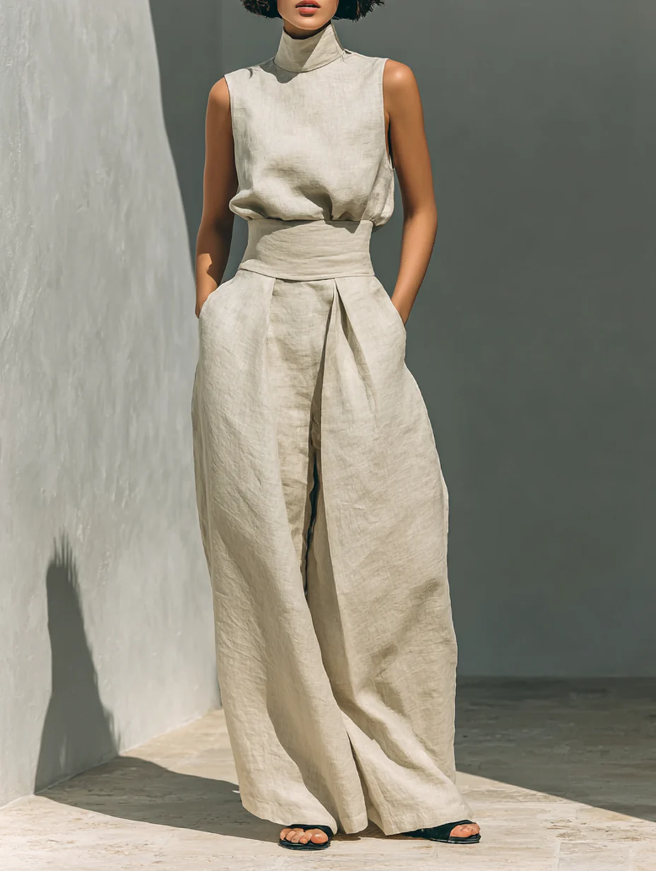 María - Conjunto de camiseta sin mangas y pantalones anchos de estilo minimalista, para mujer
