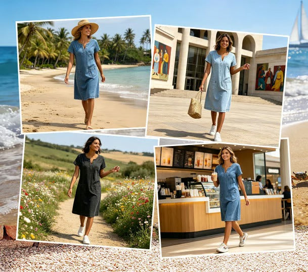 Maria - Vestido informal, estilo camisero, con bolsillo y escote en V pequeño