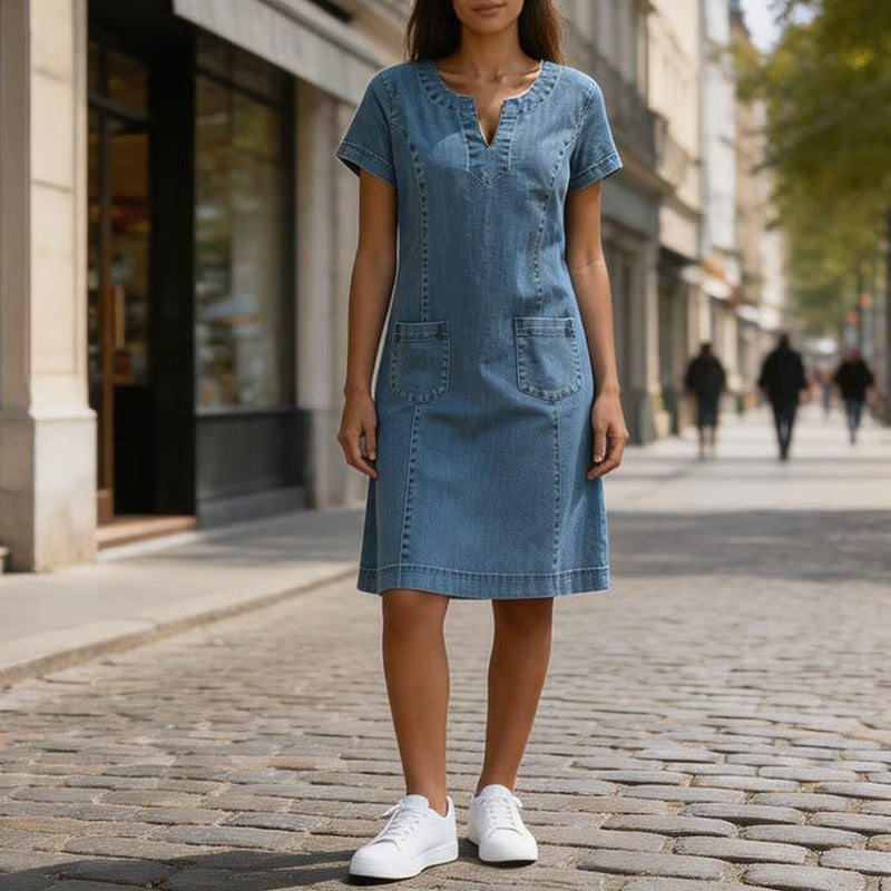 Maria - Vestido informal, estilo camisero, con bolsillo y escote en V pequeño