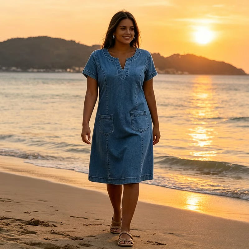 Maria - Vestido informal, estilo camisero, con bolsillo y escote en V pequeño